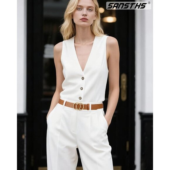 Women\'s Leather Belt Jeans Pants Fashion Waist Belt Ring Buckle Brown Gold main image 6
